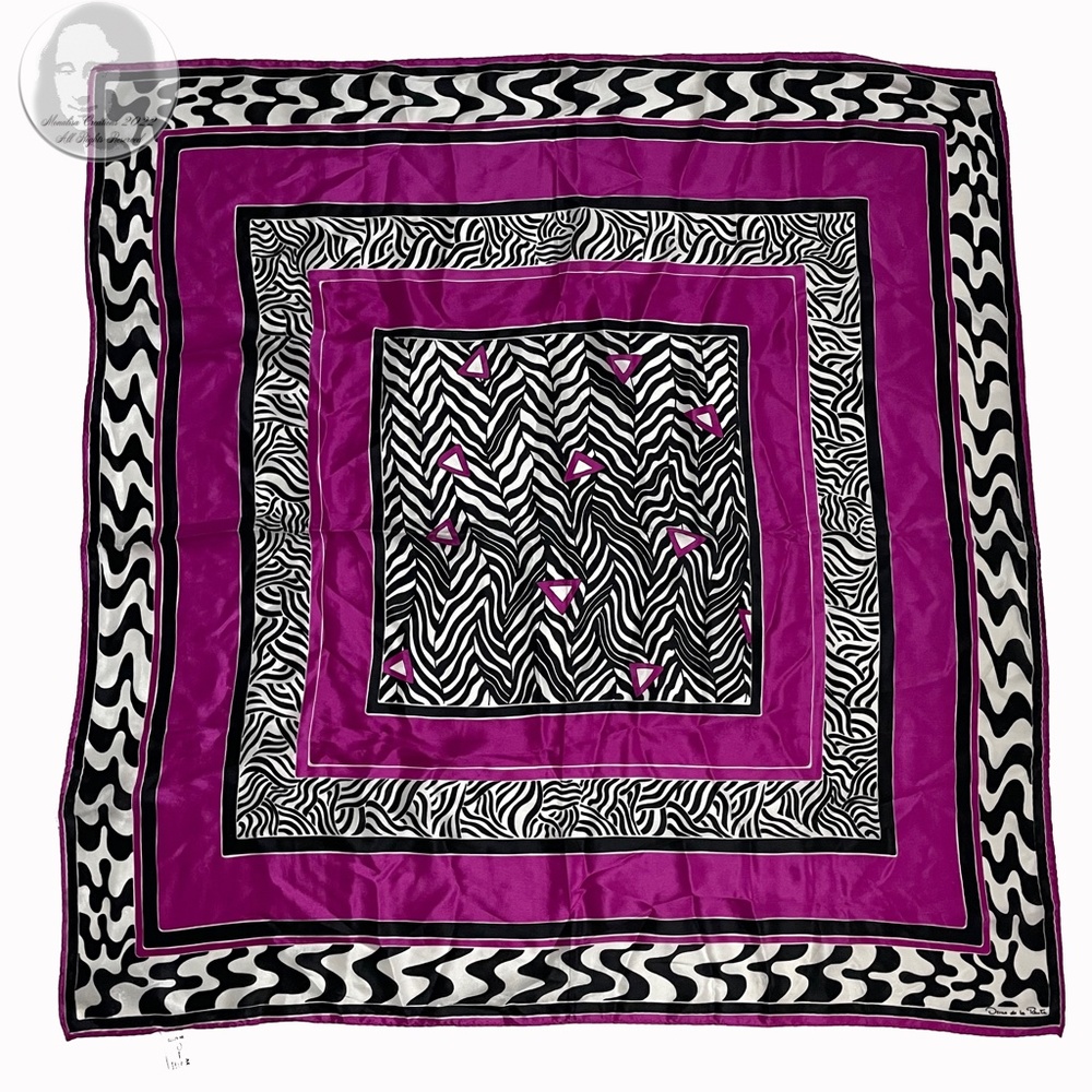 Oscar de la Renta Scarf Shawl Silk Purple Black White Abstract Print 31" Vintage